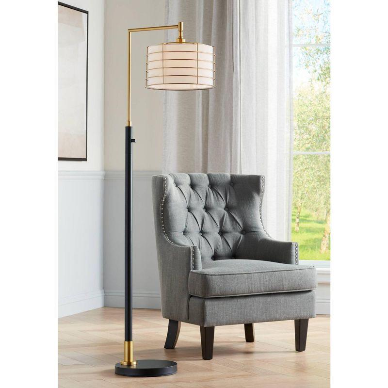 Possini Euro Design Modern Arc Floor Lamp 63 1/2" Tall Warm Gold Black Metal Cage Off-White Linen Shade for Living Room Reading