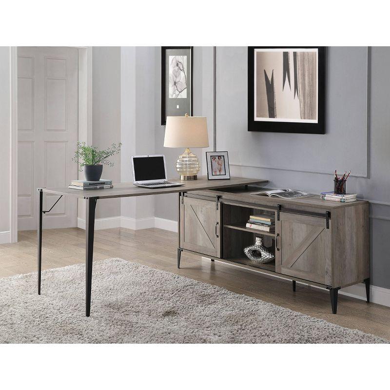 65" Zakwani L Writing Desk Gray Oak/Black Finish - Acme Furniture: Enclosed Storage, Metal Frame, Office Furniture