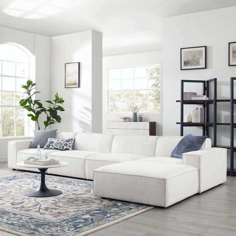 White Velvet 5-Piece Sectional Sofa with Ottoman