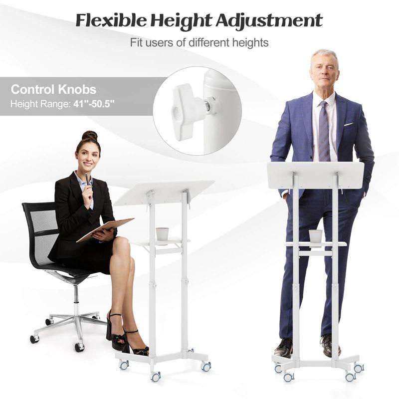 Costway 1/2 PCS Mobile Lectern Podium with Tilting Top Storage Tray Lockable Casters White