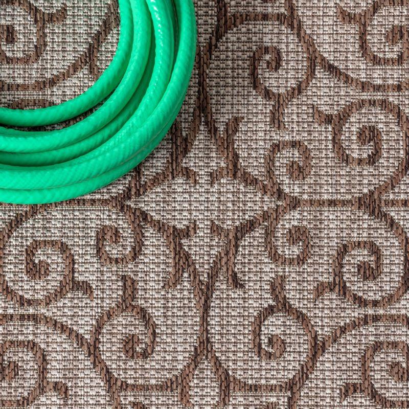 5' Square Madrid Vintage Filigree Textured Weave Indoor/Outdoor Area Rug, Taupe/Espresso - JONATHAN Y