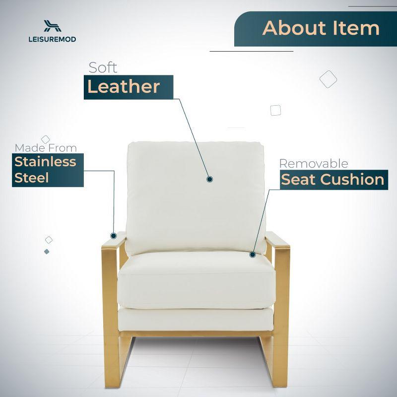 LeisureMod Jefferson Accent Arm Chair Upholstered in Faux Leather with Gold Stainless Steel Frame in White