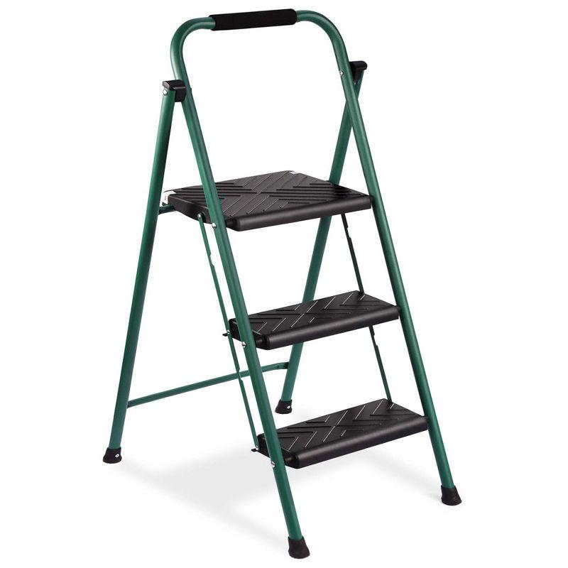 Delxo Green and Black Folding 3-Step Steel Ladder with Hand Grip