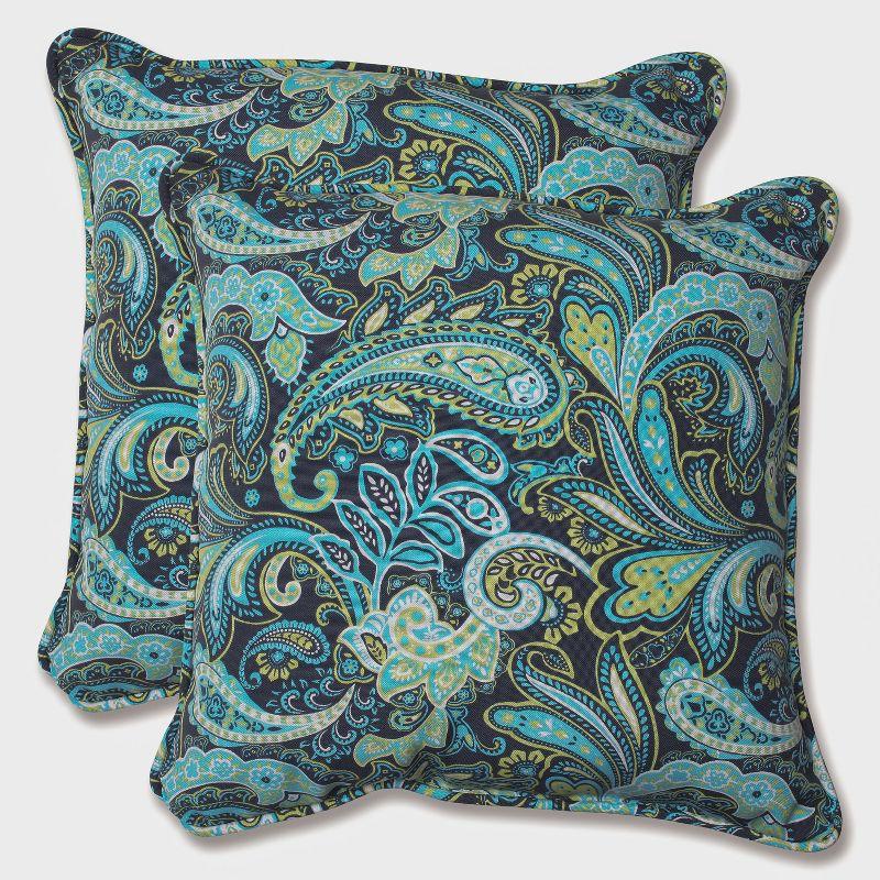 Set of 2 Navy and Aqua Paisley Outdoor Throw Pillows