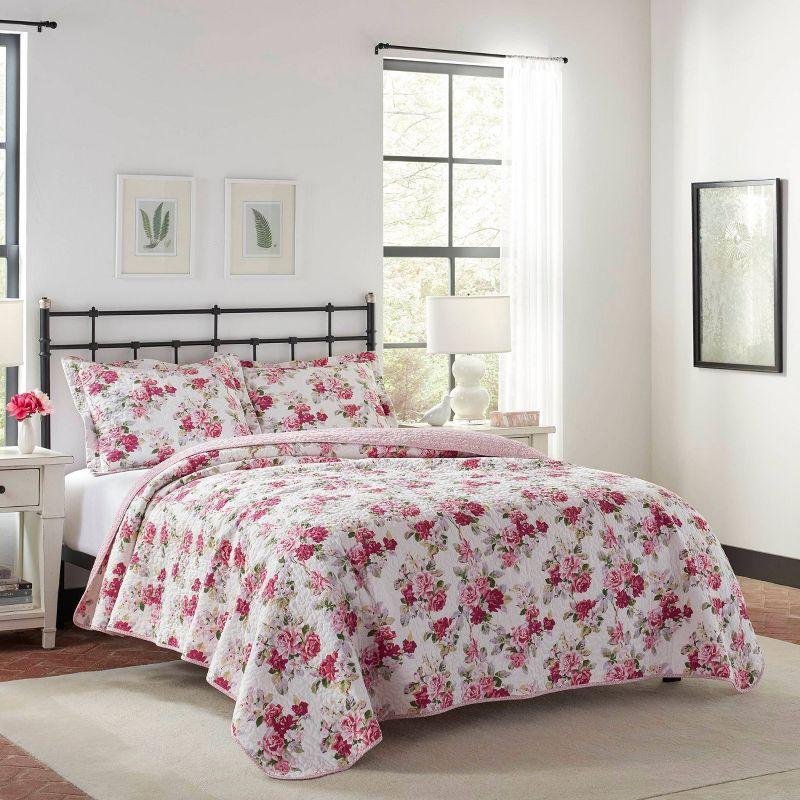 Laura Ashley King Lidia Quilt and Sham Set Pink: Floral Bedding, Pre-Washed, Machine Washable