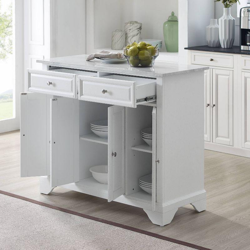 Avery Kitchen Island/Cart Distressed White/White Marble - Crosley: Adjustable Shelves, Particle Board Frame, 6 Shelves, 2 Drawers