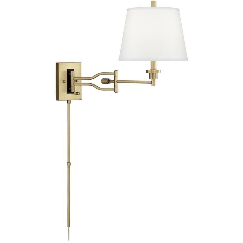 Barnes and Ivy Eleganta Vintage Swing Arm Wall Lamps Set of 2 Brushed Satin Brass Plug-In Light Fixture White Linen for Bedroom