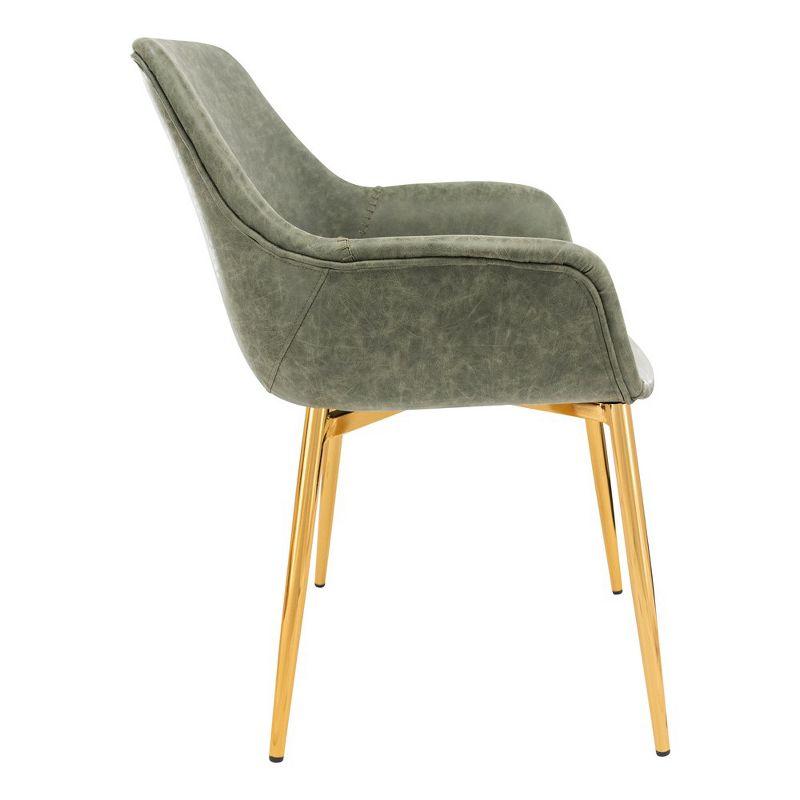LeisureMod Markley Faux Leather Dining Chair with Arms and Gold Metal Legs, Olive Green