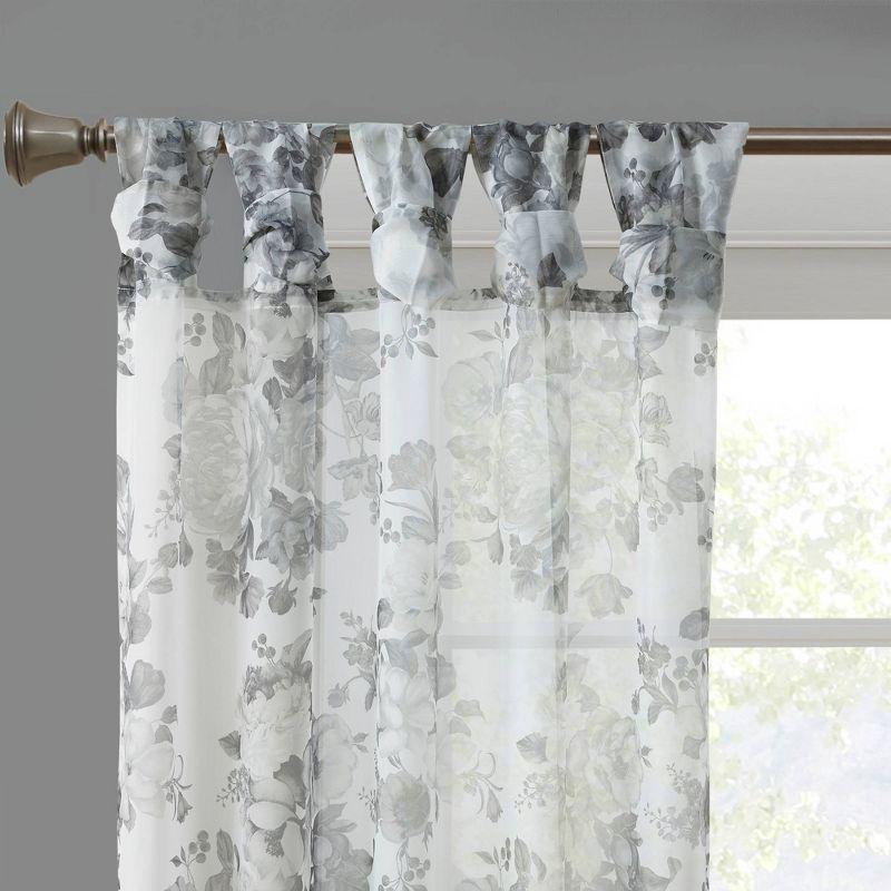 White Floral Twist Tab Top Sheer Polyester Curtain Panel