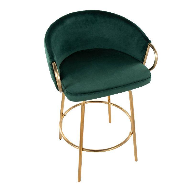 LumiSource Set of 2 Claire Upholstered Counter Height Barstools Green/Gold:: Velvet, Swivel, Steel Legs, Foam Filled
