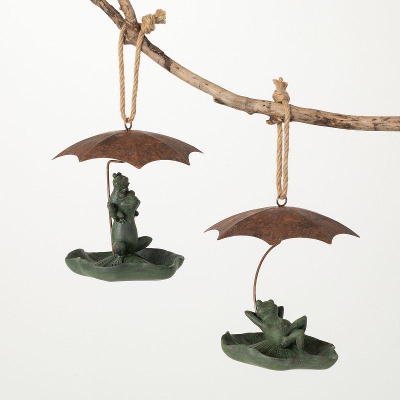 Whimsical Green Ceramic Frog Bird Feeders with Copper Umbrellas, Set of 2