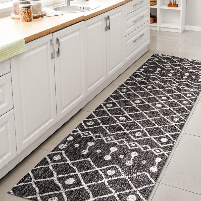2'x10' Nokat Modern Bohemian Styled Indoor/Outdoor Runner Rug, Black/Ivory - JONATHAN Y