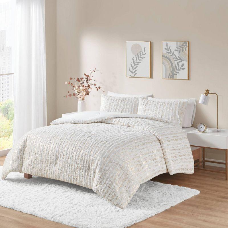 Metallic Print Faux Fur Comforter Set