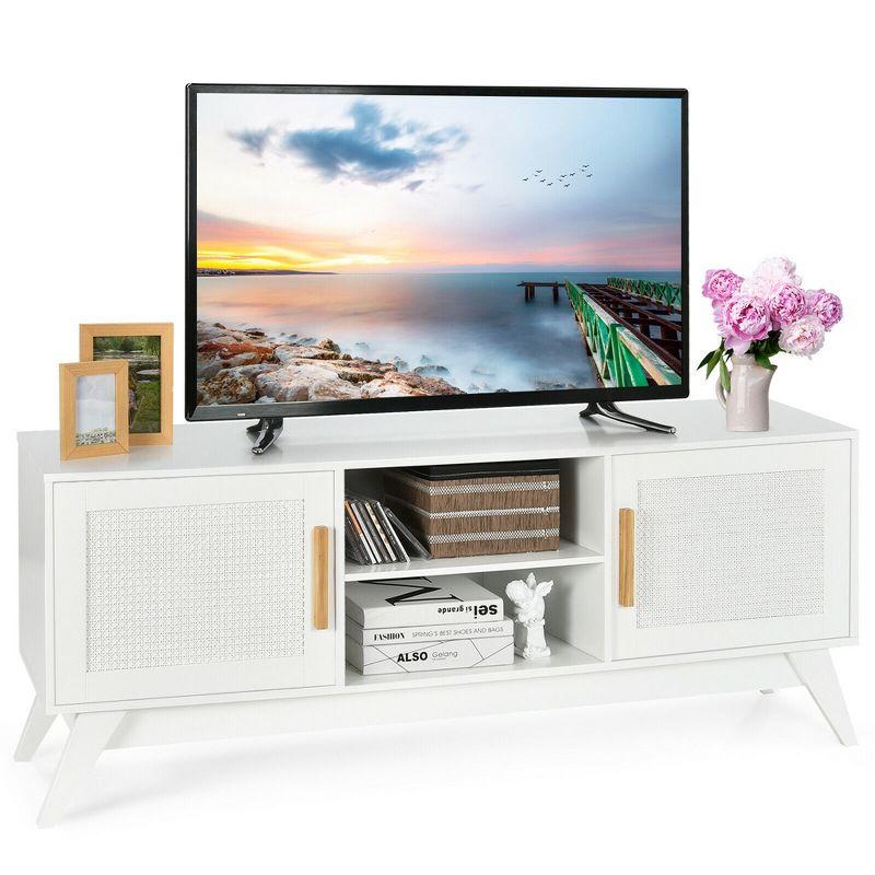 George Oliver TV Stand Entertainment Media Console with 2 Rattan Cabinets and Open Shelves