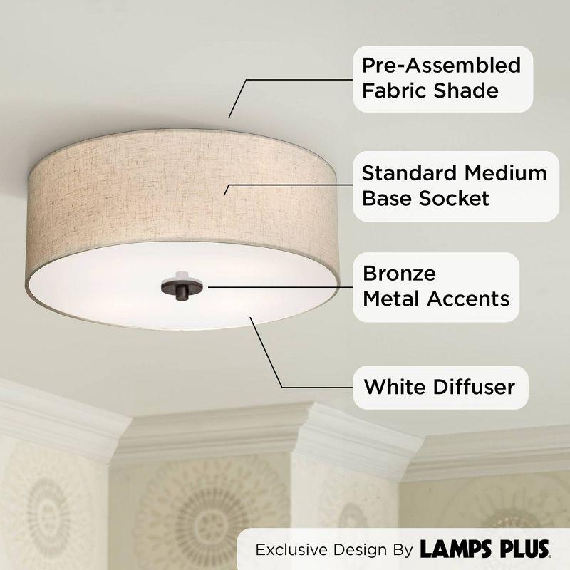 Regency Hill Sylvan Modern Ceiling Light Flush Mount Fixture 18" Wide Bronze 4-Light Oatmeal Fabric Drum Shade for Bedroom Kitchen Living Room Hallway