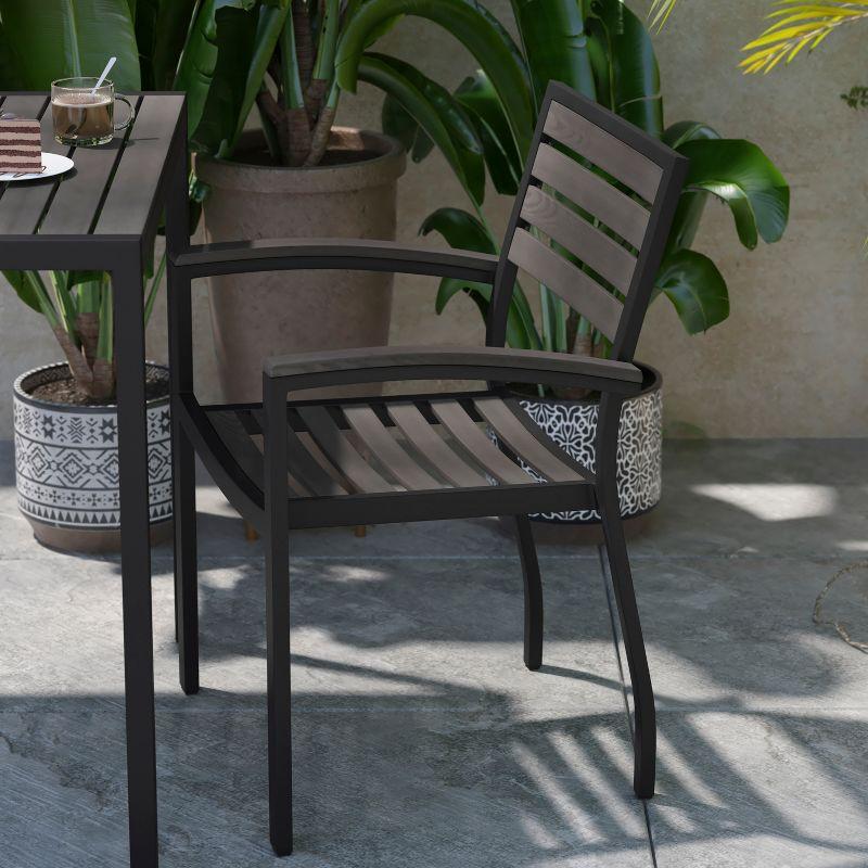 Flash Furniture 2 Pack All-Weather Black Aluminum Patio Stack Chairs - Gray Wash Faux Teak Slats