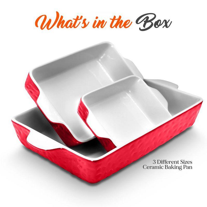 3-Pcs. Rectangular Ceramic Bakeware Set - Durable Baking Dishes Set, Odor-Free Hybrid Ceramic Non-Stick Baking Pans, Dishwasher Safe (Red)