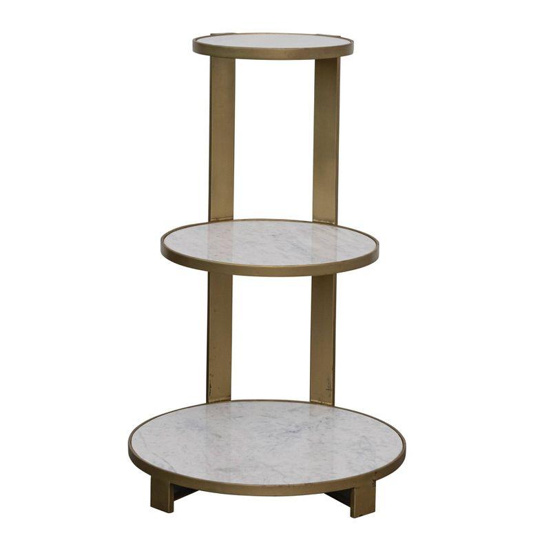 Antique Brass Three-Tier Round Marble and Metal Table