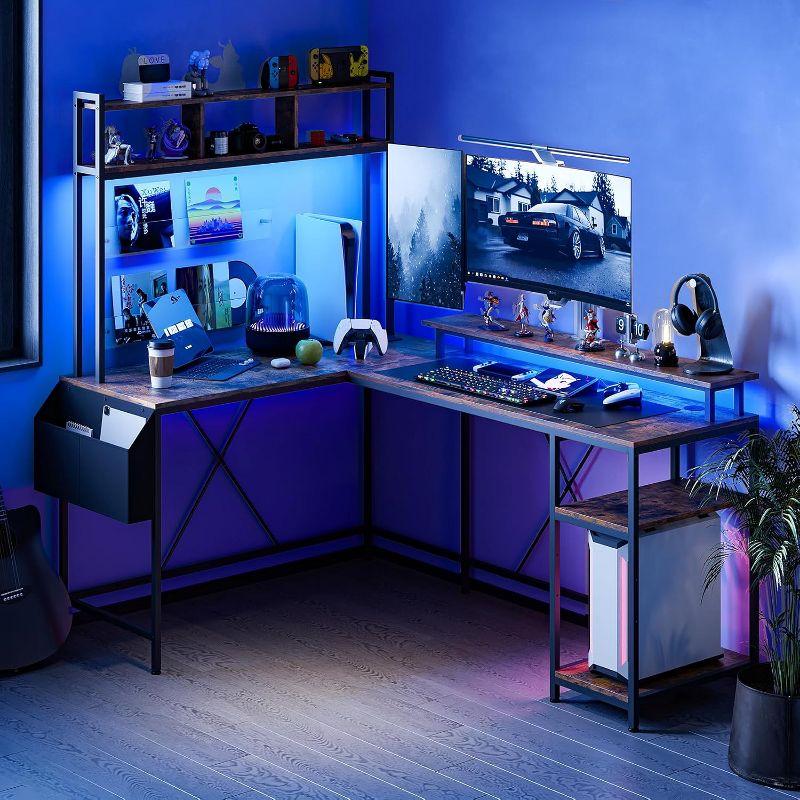 Garvee Spacious L-Shaped Gaming Desk with Customizable RGB Lights & Charging Options – Ideal for Comfort & Efficiency, Brown