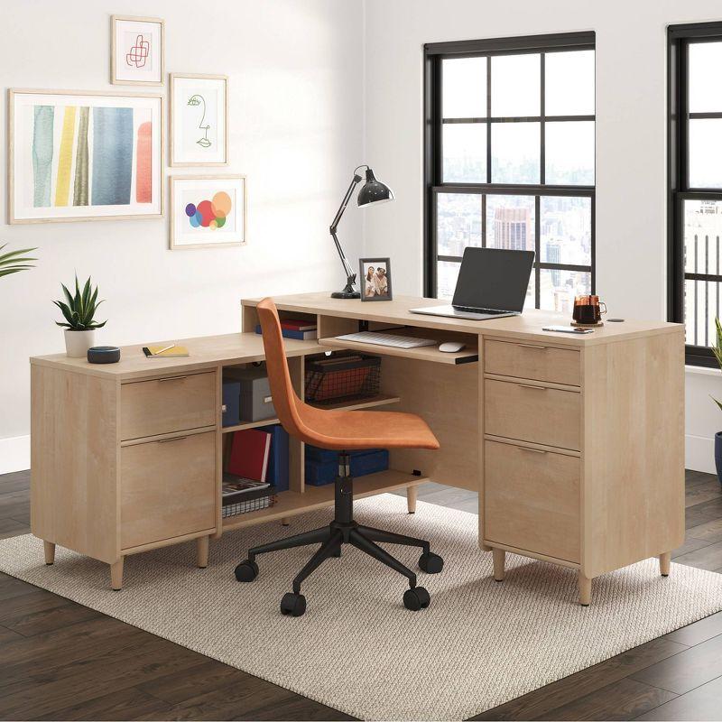 Clifford Natural Maple L-Shaped Computer Desk with Keyboard Tray and Filing Cabinet