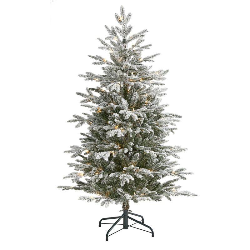 Nearly Natural 4.5-ft Flocked Manchester Spruce Artificial Christmas Tree with 100 Lights and 357 Bendable Branches