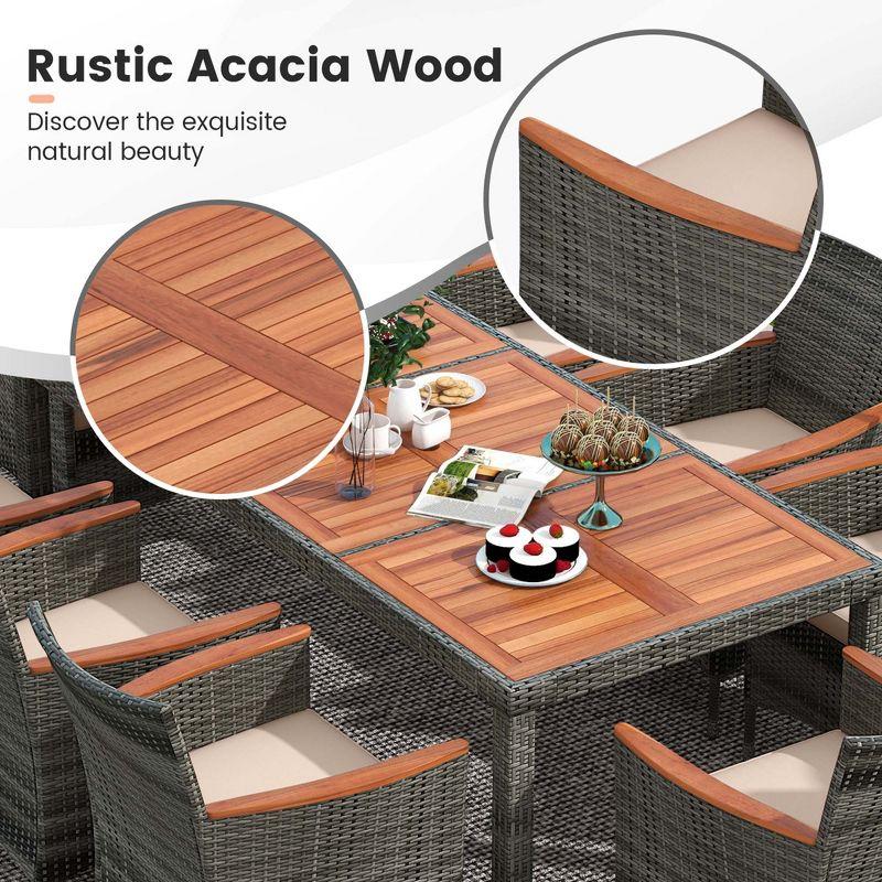 Costway 9PCS Patio Rattan Dining Set Acacia Wood Table Cushioned Chair Mix Gray