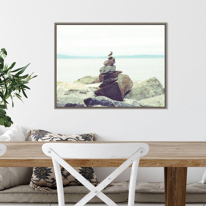 24" x 18" Bay Rocks and Beach II by Sonja Quintero Framed Wall Canvas - Amanti Art: Modern Style, Polystyrene Frame, Nature Scene