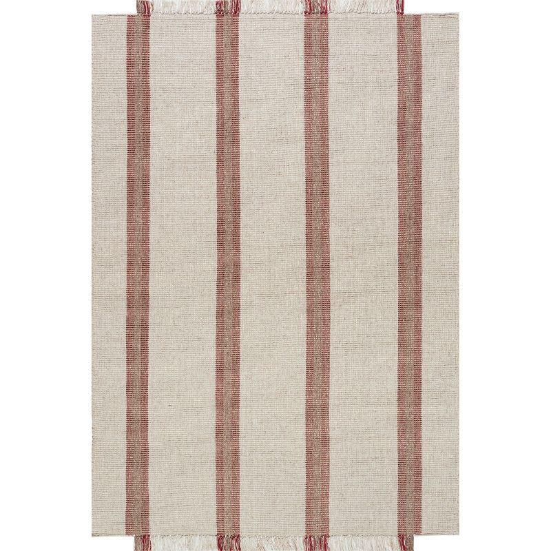 Ivory and Red Striped Handmade Wool Area Rug, 5' x 8'