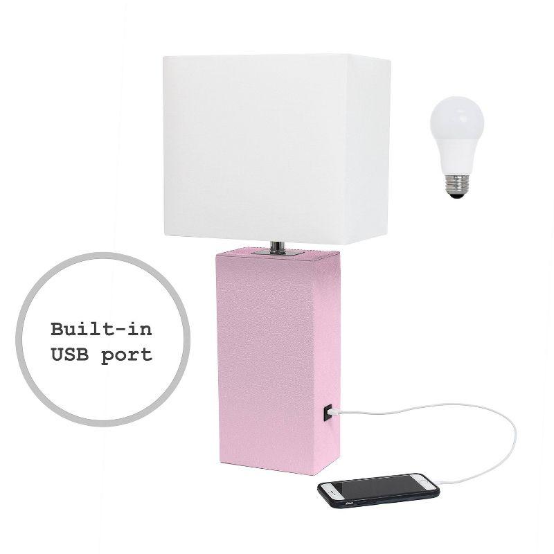 Elegant Designs 21" Modern Leather Wrapped Table Lamp with USB Port and Feit LED (Includes LED Light Bulb) Light Pink