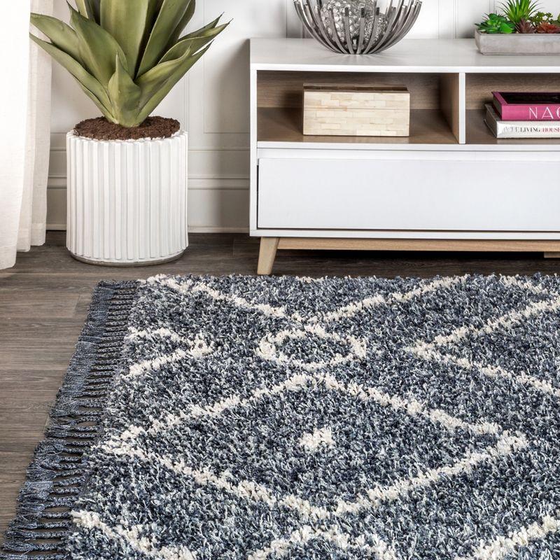 4'x6' Mercer Shag Plush Tassel Moroccan Diamond Area Rug, Denim/Cream - JONATHAN Y