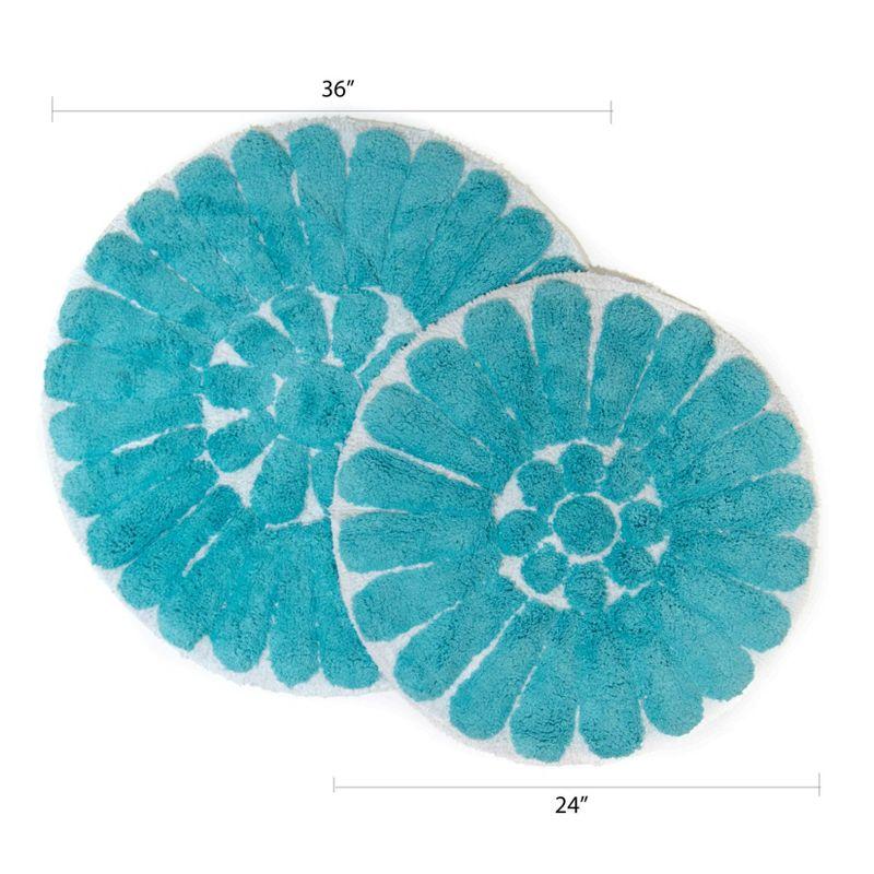 Aqua Bloom Circular Cotton Bath Rug Set, White and Aqua