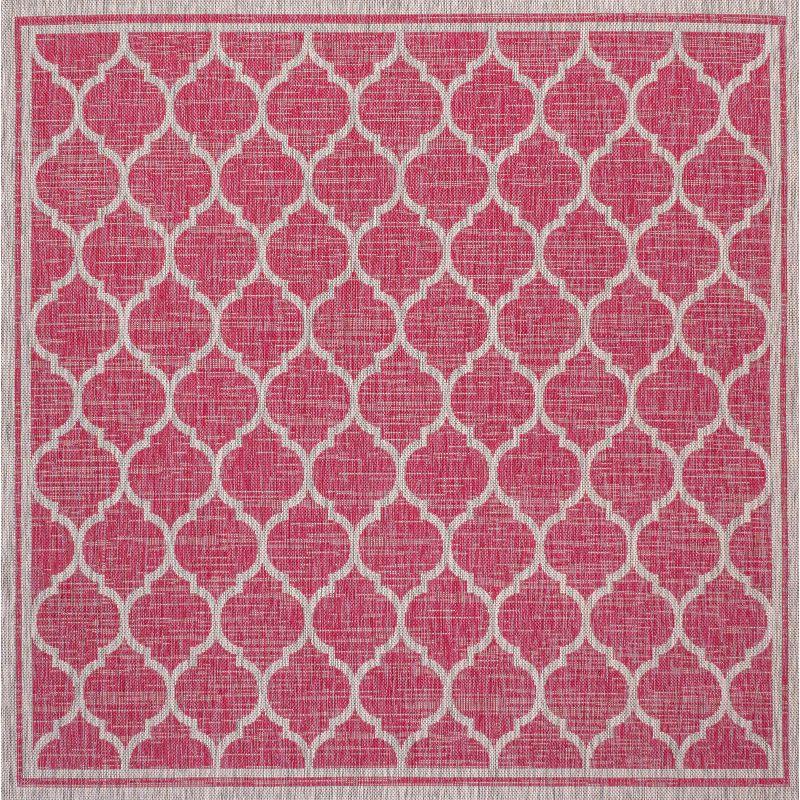 5' x 5' Trebol Moroccan Trellis Textured Weave Indoor/Outdoor Area Rug, Fuchsia/Light Gray - JONATHAN Y
