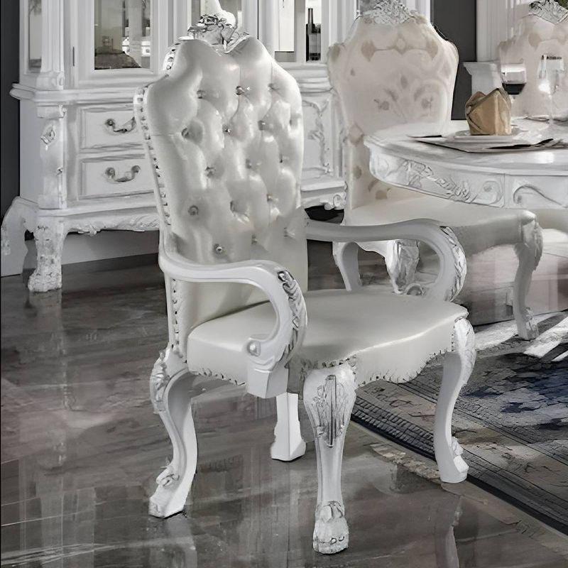 Bone White Faux Leather Floral Dining Arm Chair Set