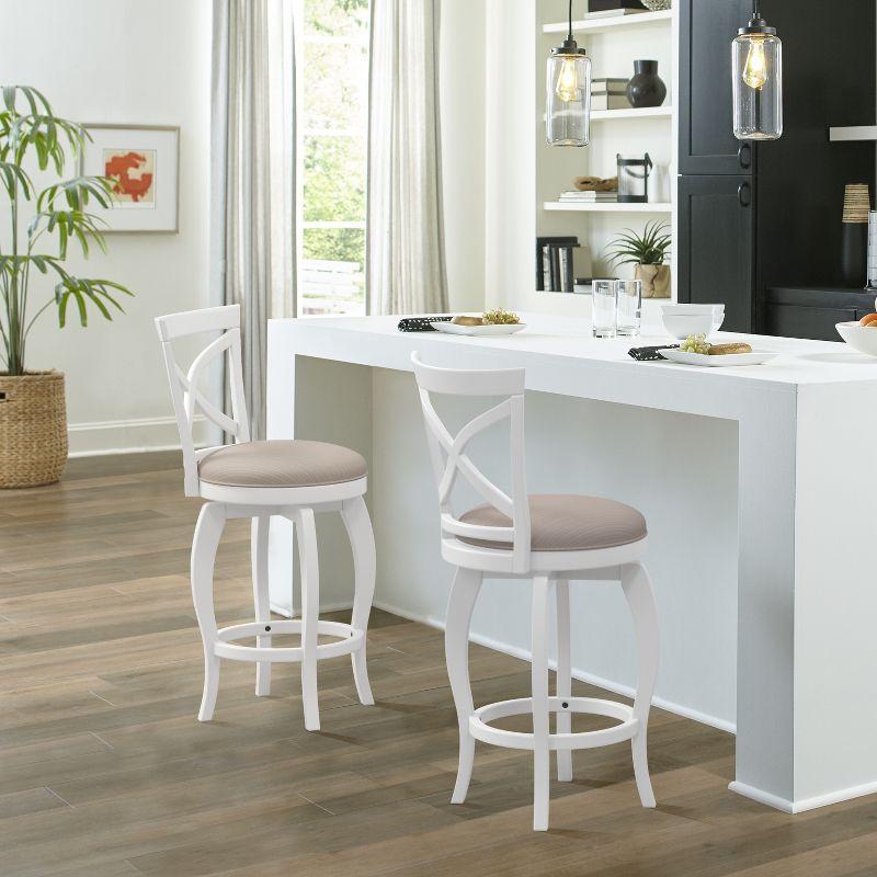 White Wood Swivel Counter Stool with Beige Fabric