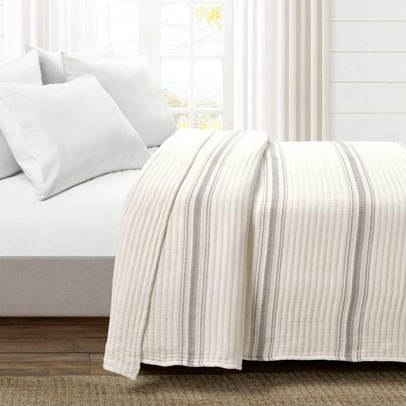 Full/Queen Farmhouse Stripe Kantha Pick Sti Thread Counth Yarn Dyed Woven Single Quilt/Coverlet Gray - Lush Décor