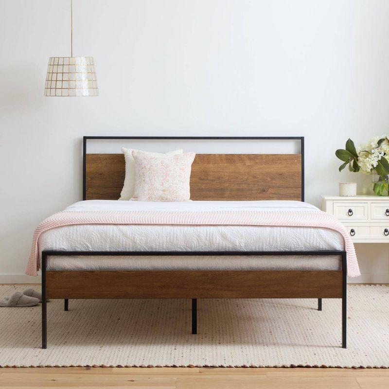 King Nora Metal and Wood Platform Bed Frame Brown - Brookside Home: Sturdy, No Box Spring Needed