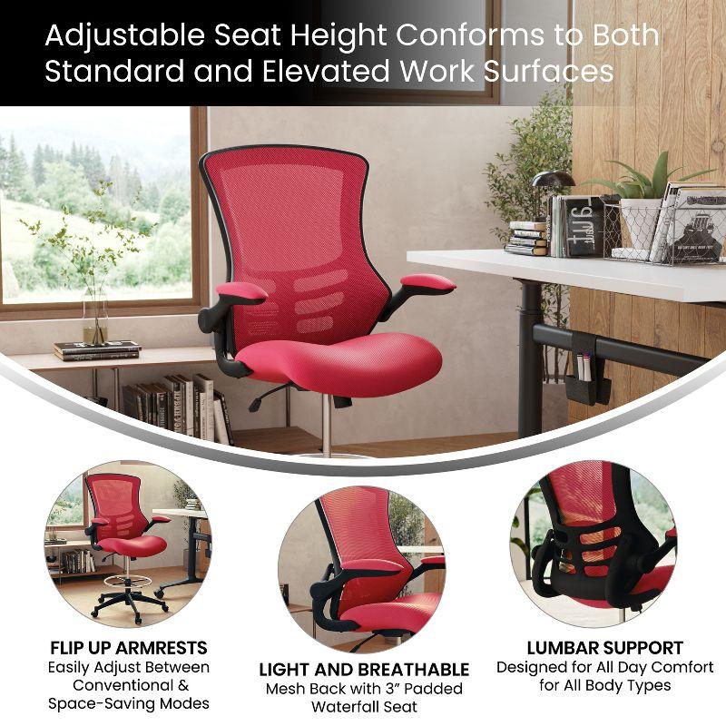Emma and Oliver Mid-Back Red Mesh Ergonomic Drafting Chair with Foot Ring and Flip-Up Arms