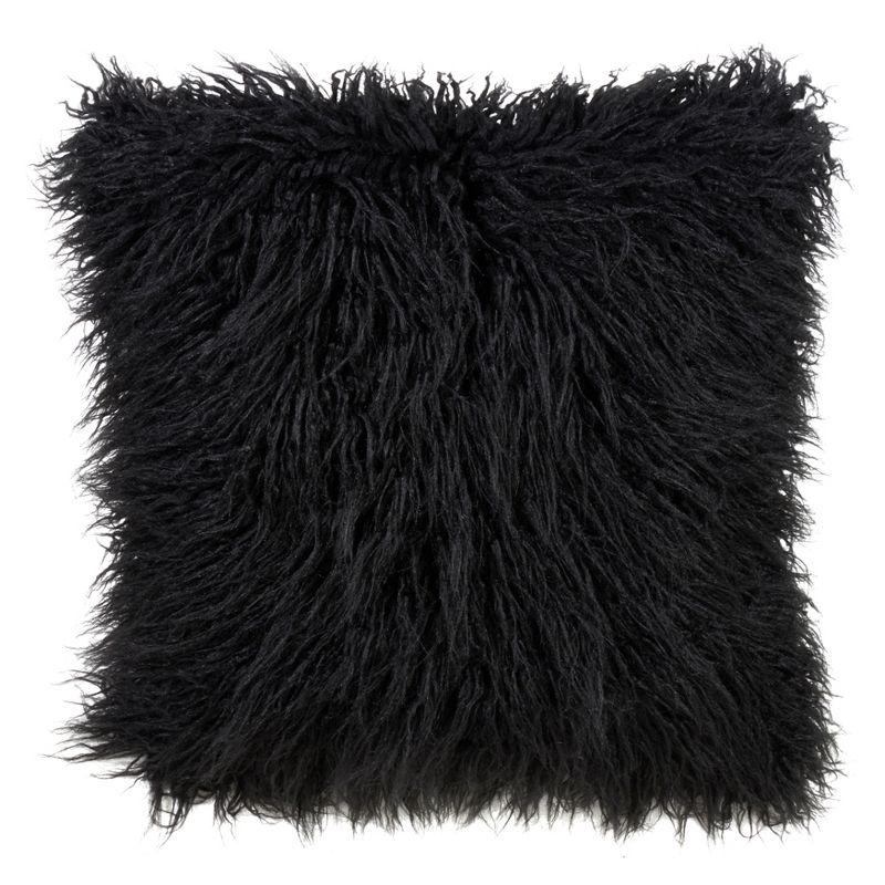 Black Mongolian Faux Fur Square Throw Pillow, 22" x 22"