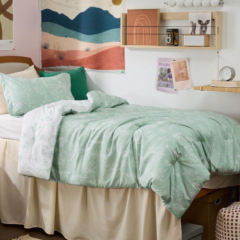 2 Pcs Floral Printed Reversible Sage Green Comforter Set Twin/Twin XL Size Soft Designed Plants Pattern Bedding Set - Bedsure