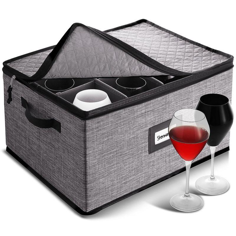 Gray Quilted Stackable Plastic Wine Glass Storage Box with Dividers