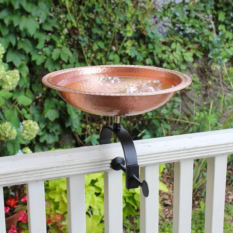 Hammered Copper Birdbath with Black Metal Rail Mount