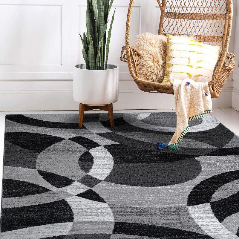 Rectangular Dark Grey Geometric Stain-Resistant Synthetic Rug