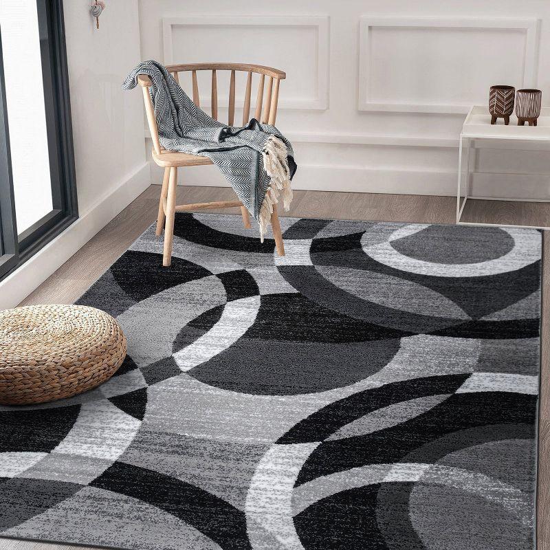 Rectangular Dark Grey Geometric Stain-Resistant Synthetic Rug