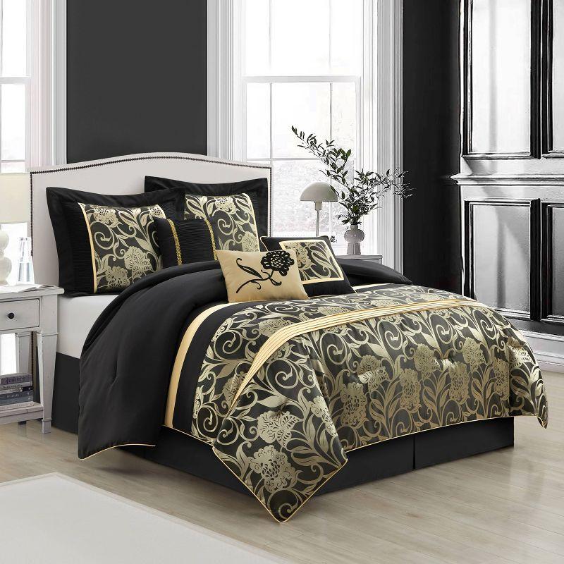 Fennville Black/Gold/Beige Microfiber 7 Piece Comforter Set