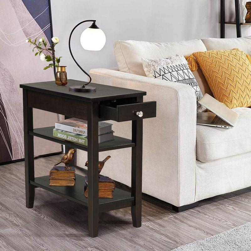 Costway 3-Tier Side End Table with Drawer Double Shelf Narrow Nightstand Espresso\Black