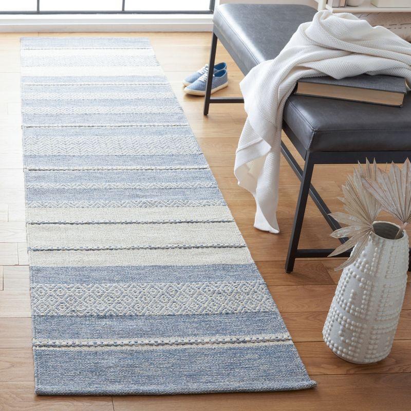 Ivory and Blue Handwoven Kilim Stripe Wool-Cotton Rug - 27in x 9in