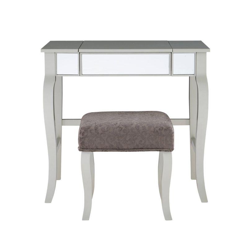 Harper Glam Flip-up Mirror Wood Vanity and Gray Upholstered Stool Mirror and Silver - Linon