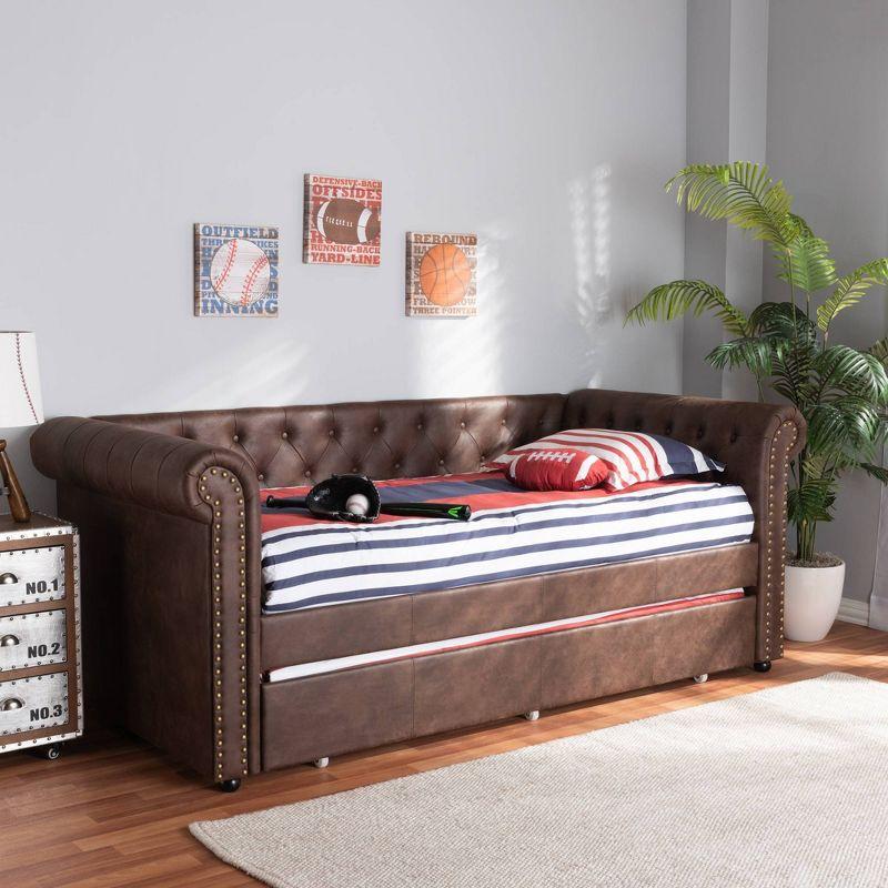 Mabelle Twin Brown Faux Leather Daybed with Trundle and Nailhead Trim