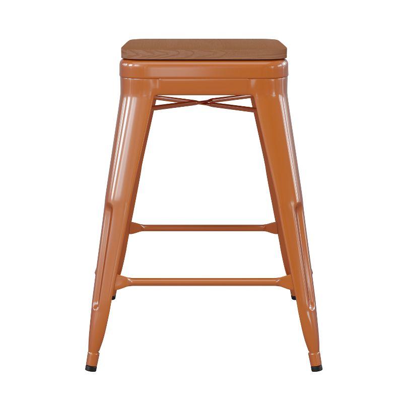 Flash Furniture Kai Commercial Grade 24" High Backless Orange Metal Indoor-Outdoor Counter Height Stool with Teak Poly Resin Wood Seat