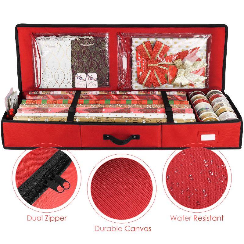 Hearth & Harbor Wrapping Paper Storage Container - Christmas Storage Bag with Interior Pockets - Fits Up to 22 Rolls of 40" - Red
